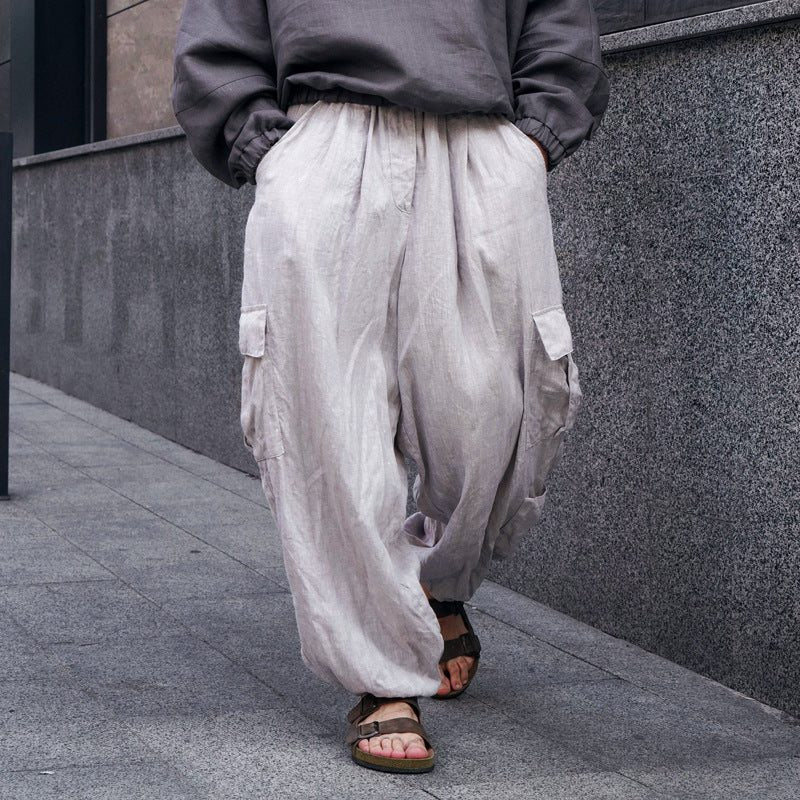 Linen Cargo Trousers with Wide Leg for Men - View 2