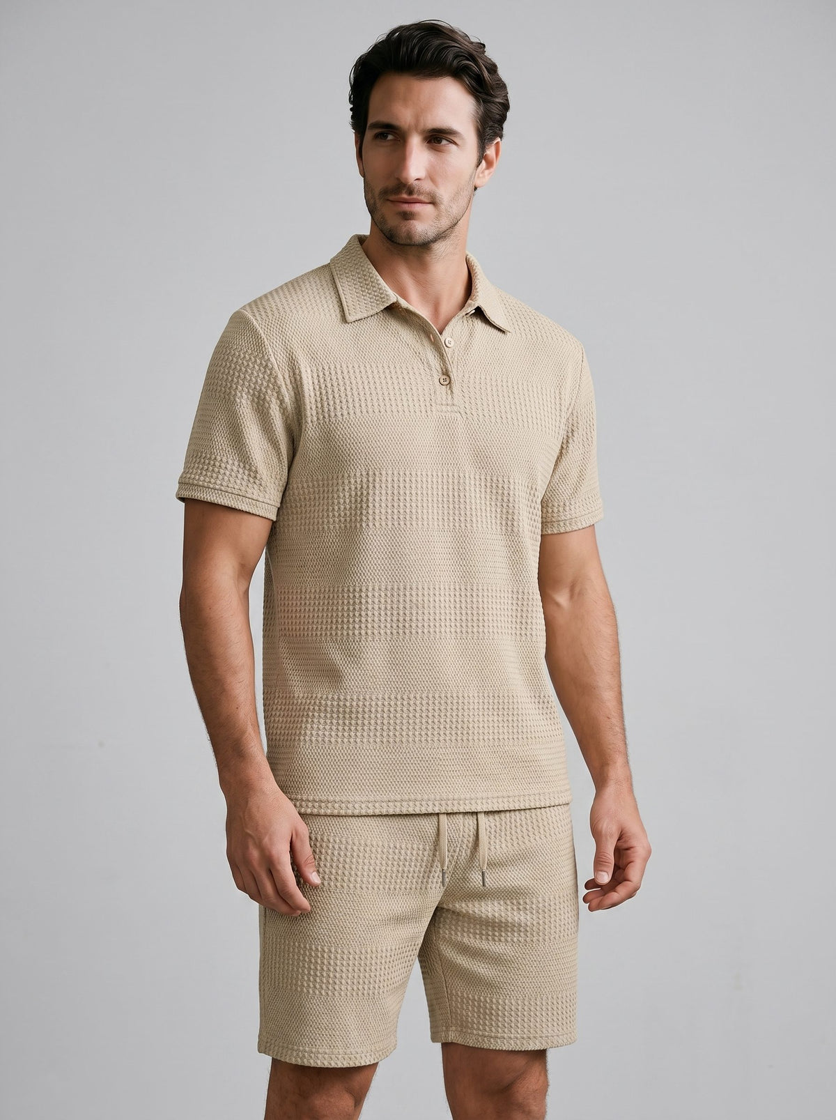 Textured Knit Polo Shirt and Shorts Set for Men - Khaki
