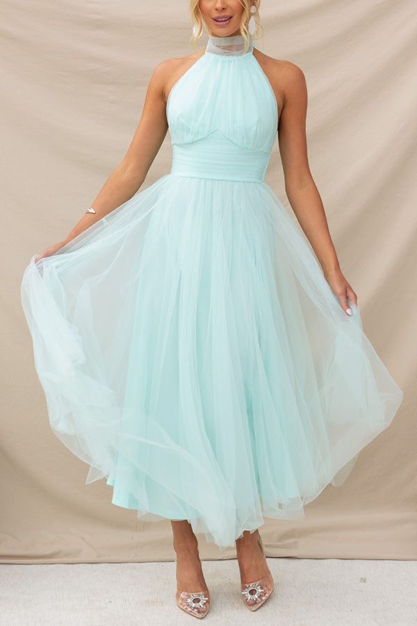 Halterneck Wedding Guest Tulle Maxi Dress for Women - Light Blue