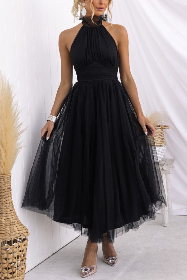 Halterneck Wedding Guest Tulle Maxi Dress for Women - Black