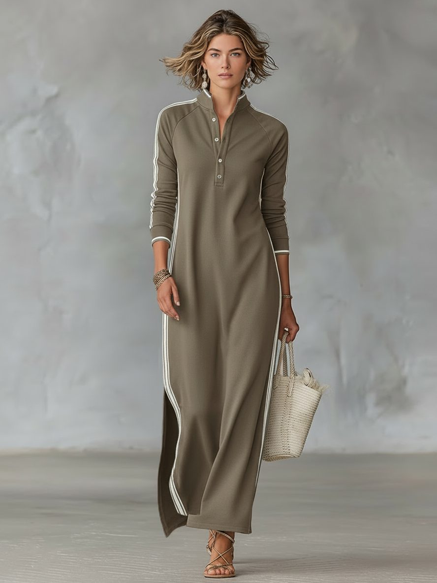 Collar Stand Maxi Shirt Dress for Women - Khaki
