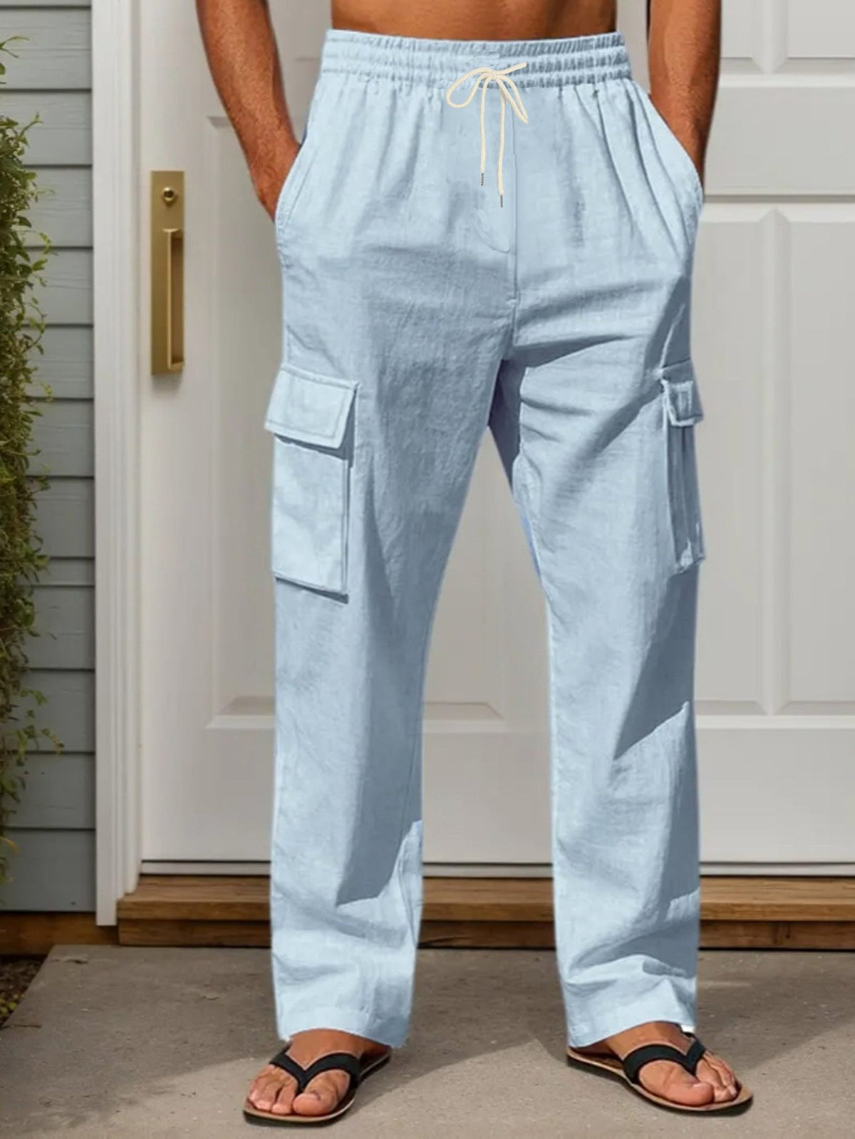Linen Cargo Trousers with Straight Leg for Men - Light Blue