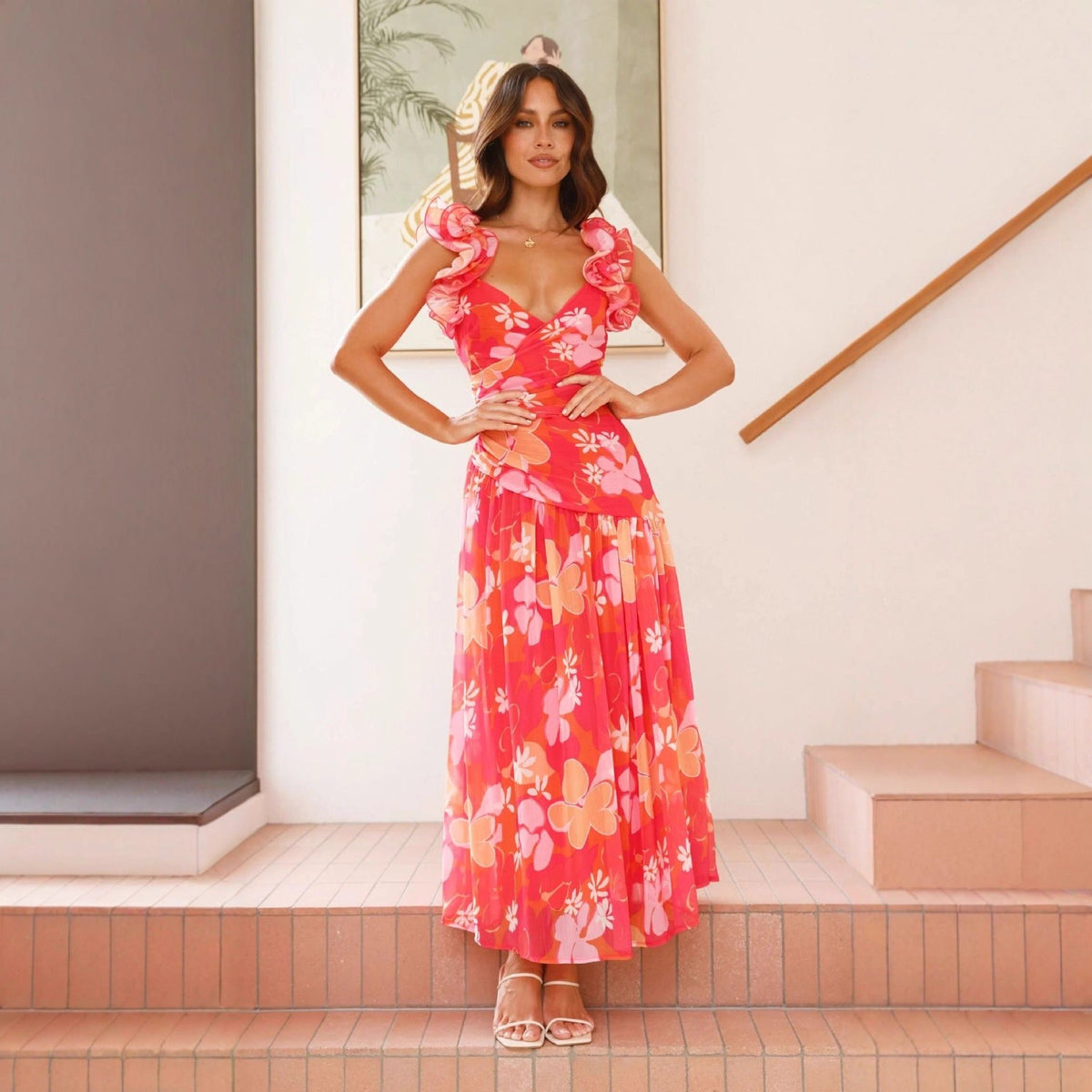 Ruffle V-Neck Floral Maxi Dress Wedding Guest for Women - View 4
