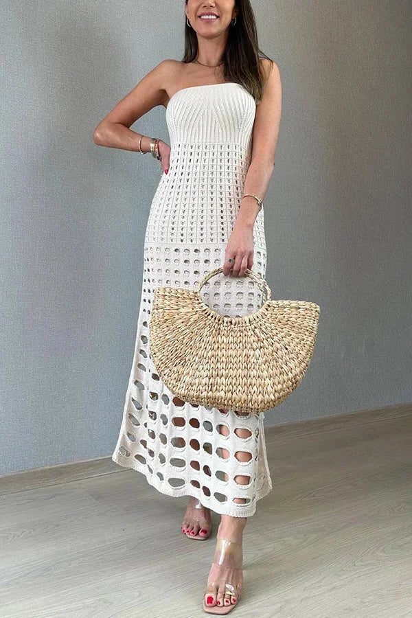 Strapless Openwork Wedding Guest Maxi Dress for Women - Apricot