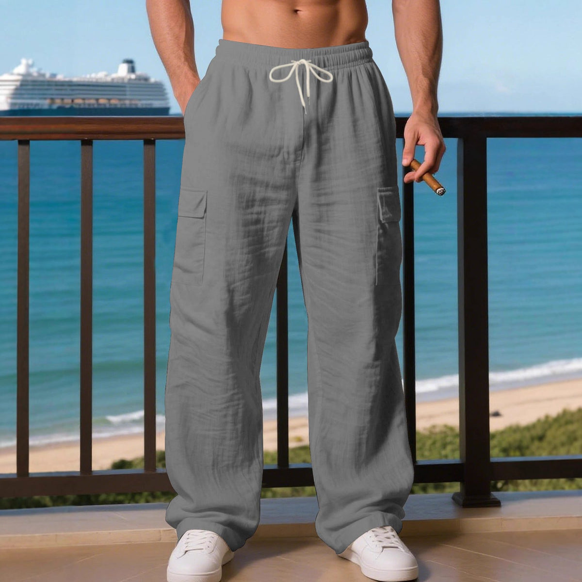 Linen Cargo Trousers with Drawstring Waist for Men - View 4