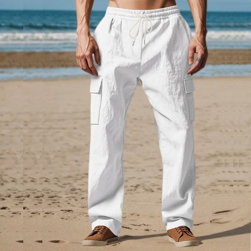 Linen Cargo Trousers with Straight Leg for Men