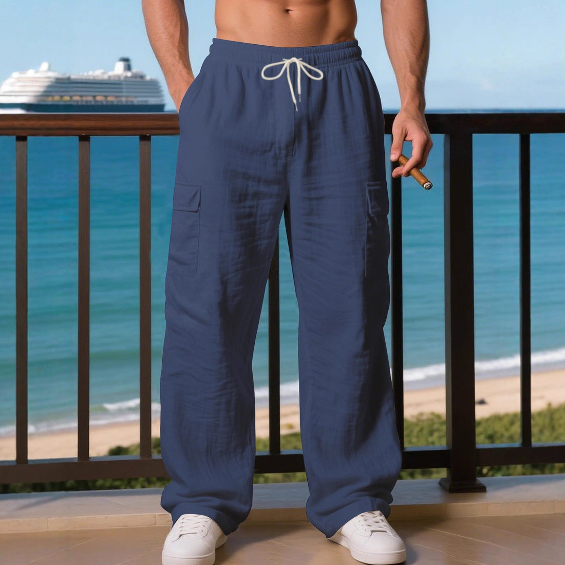 Linen Cargo Trousers with Drawstring Waist for Men - View 2