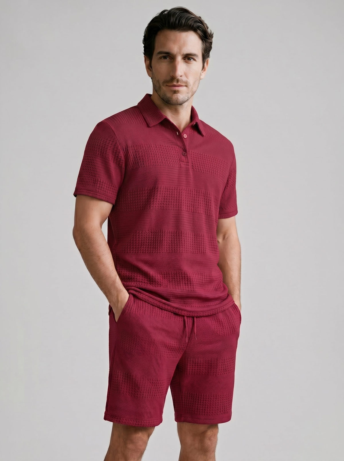 Textured Knit Polo Shirt and Shorts Set for Men - Red