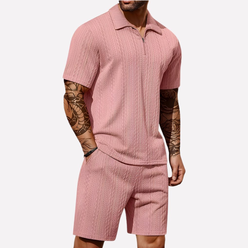 Ribbed Knit Polo Shirt and Shorts Set for Men - Pink