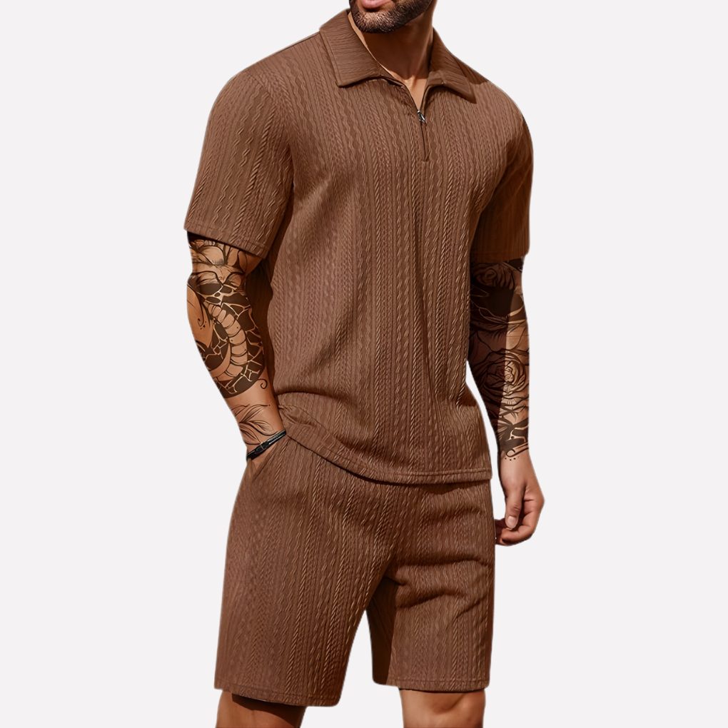 Ribbed Knit Polo Shirt and Shorts Set for Men - Brown