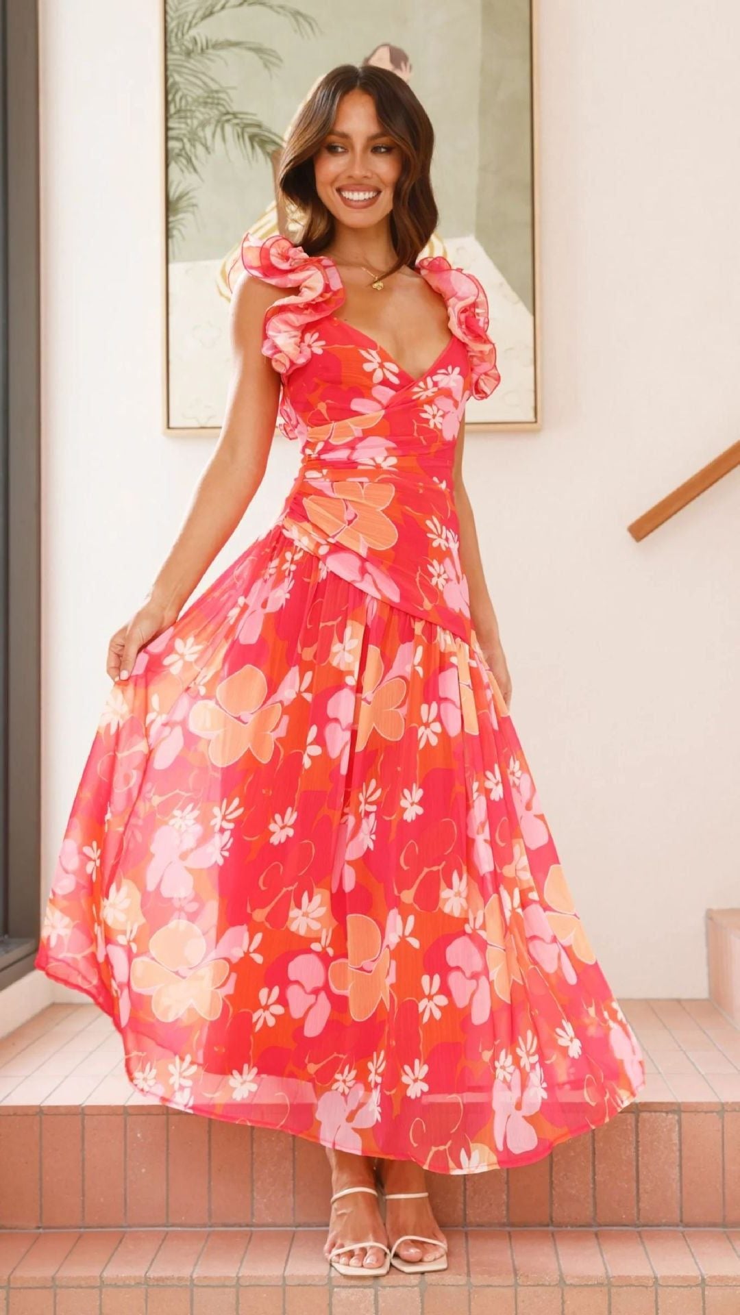 Ruffle V-Neck Floral Maxi Dress Wedding Guest for Women - Red
