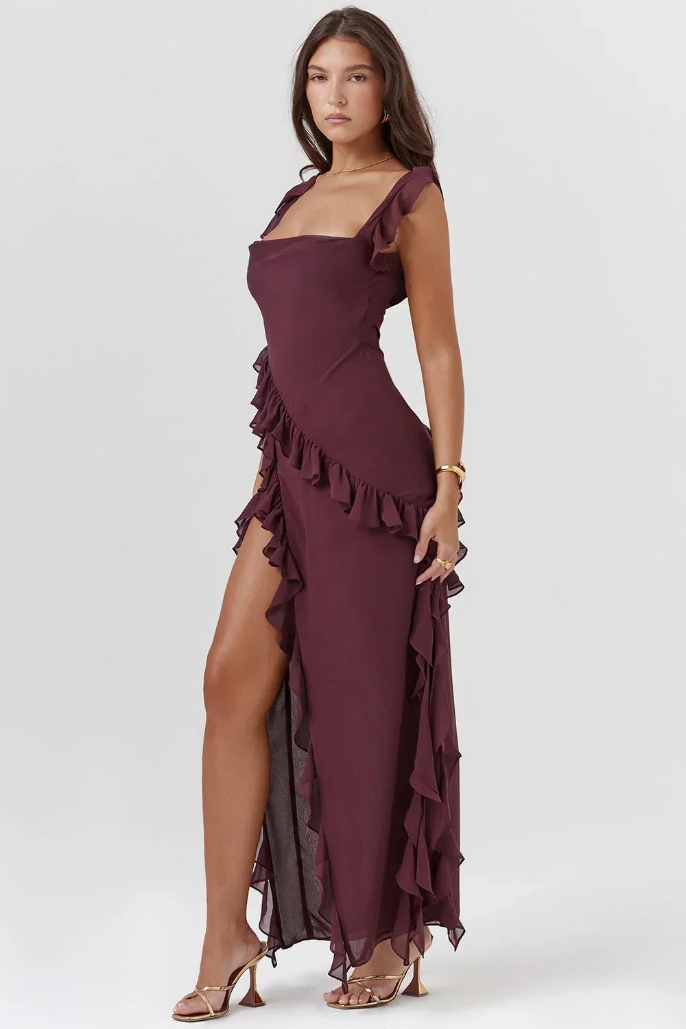 Ruffled Square Neck Wedding Guest Maxi Dress for Women