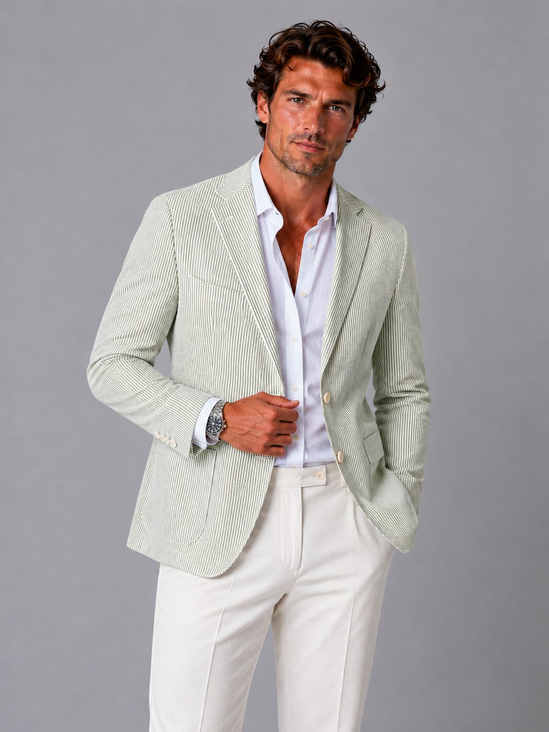 Striped Seersucker Blazer for Men - Green