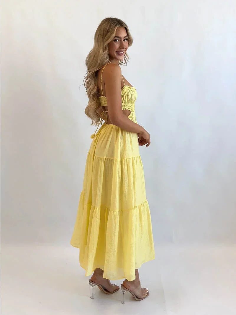 Wedding Guest Tiered Midi Dress with Thin Straps for Women