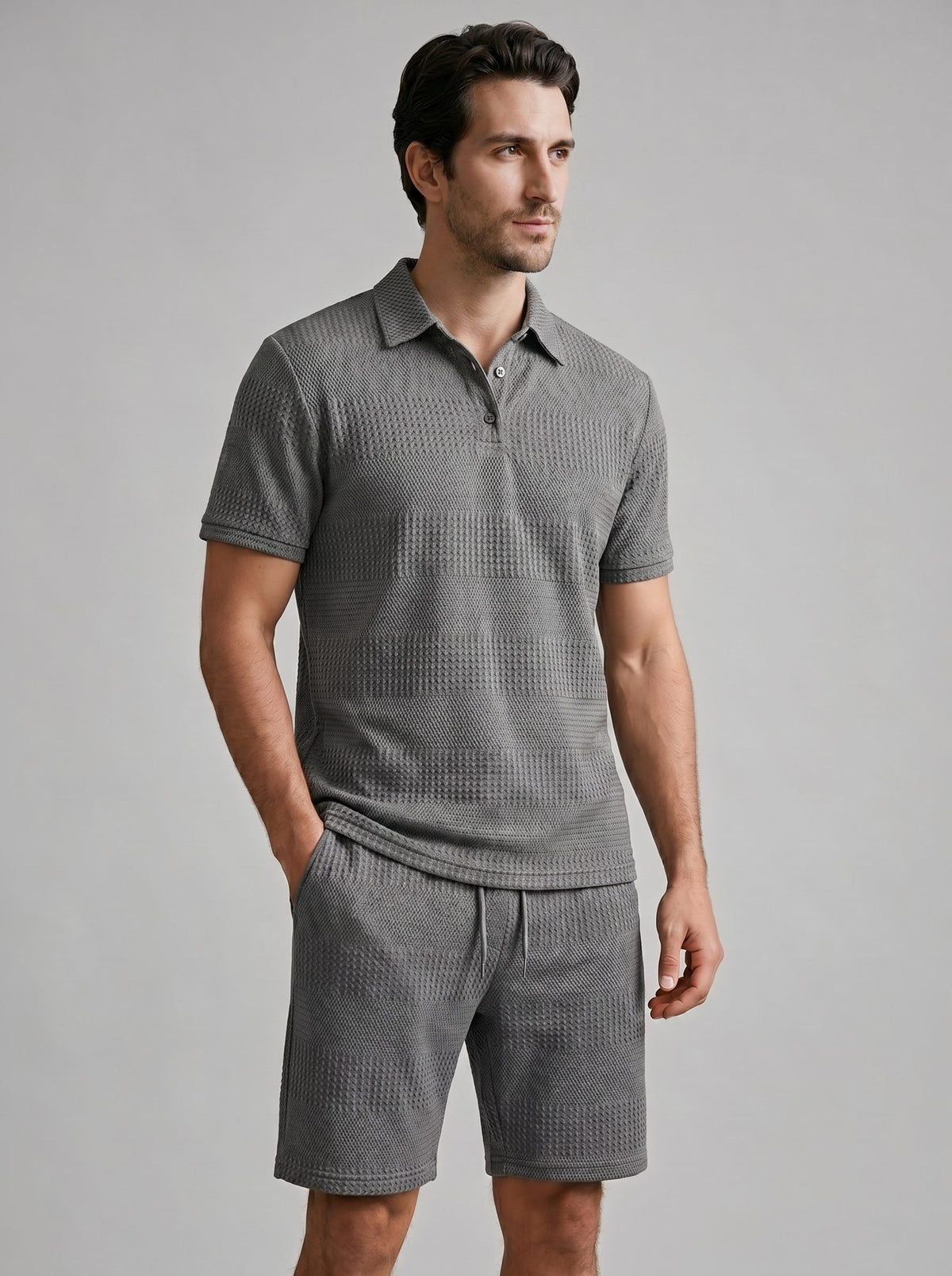 Textured Knit Polo Shirt and Shorts Set for Men - Grey