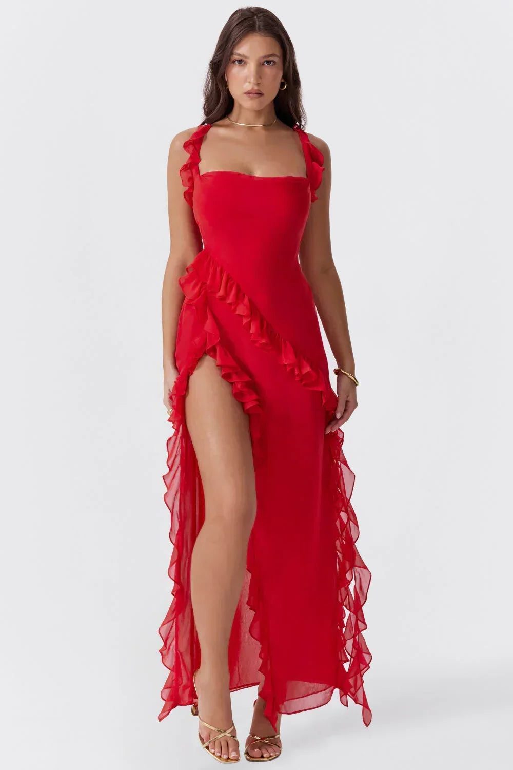 Ruffled Square Neck Wedding Guest Maxi Dress for Women - Red