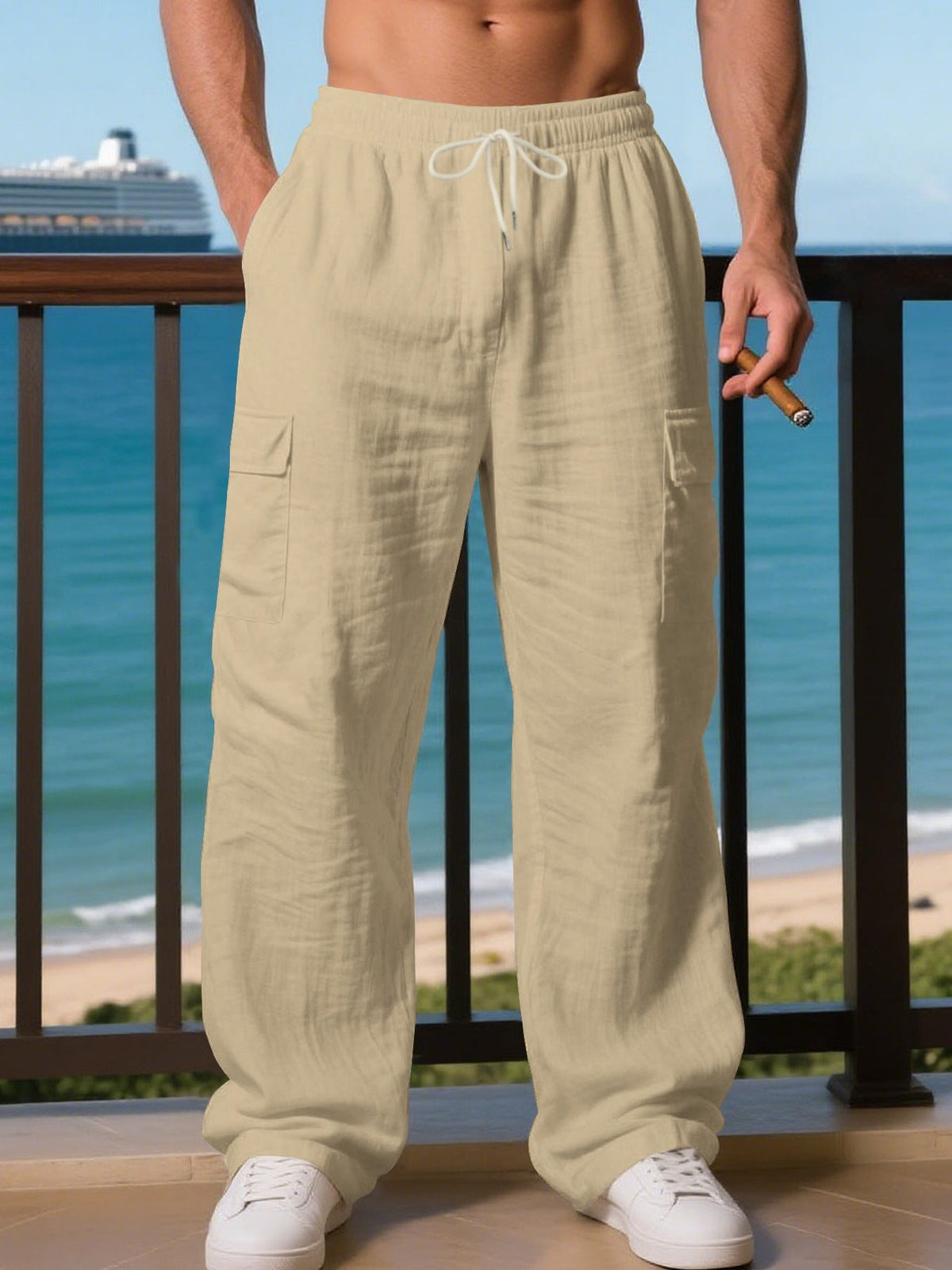 Linen Cargo Trousers with Drawstring Waist for Men - Khaki