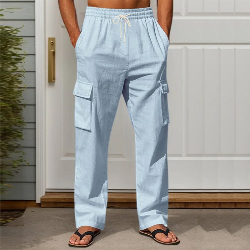 Linen Cargo Trousers with Straight Leg for Men