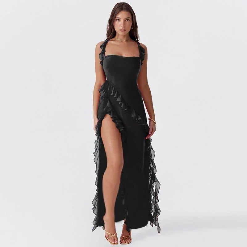 Ruffled Square Neck Wedding Guest Maxi Dress for Women - Black