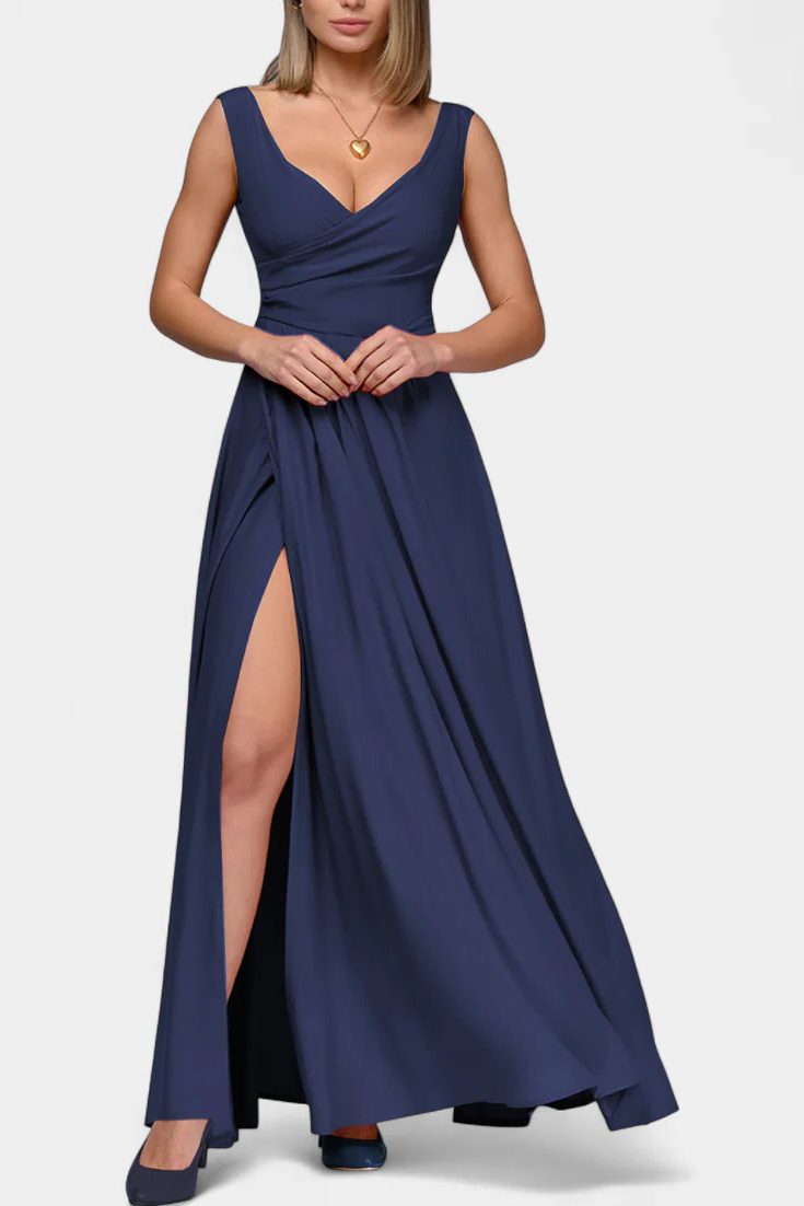 V-Neck Wrap Maxi Dress with Side Split for Women - Blue