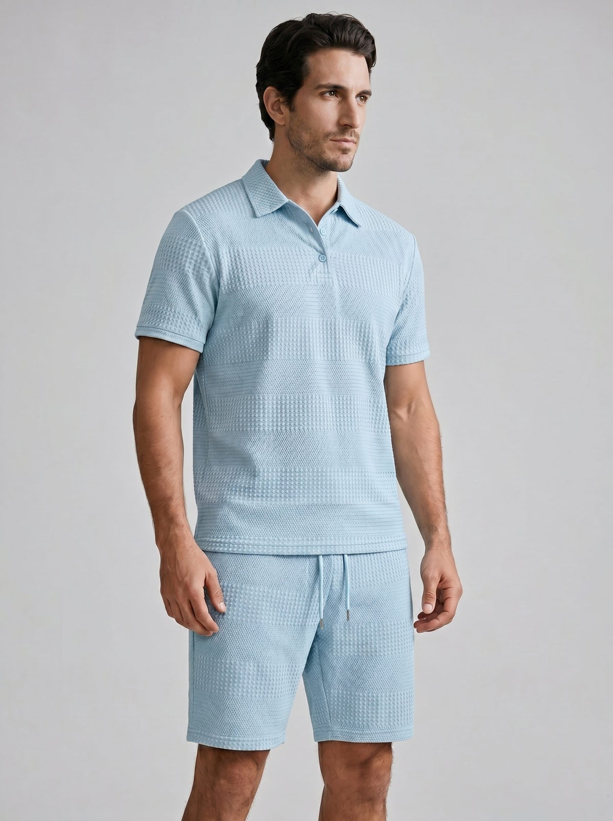 Textured Knit Polo Shirt and Shorts Set for Men - Blue