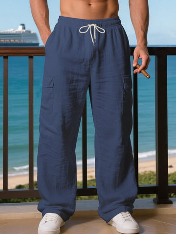 Linen Cargo Trousers with Drawstring Waist for Men - Navy Blue