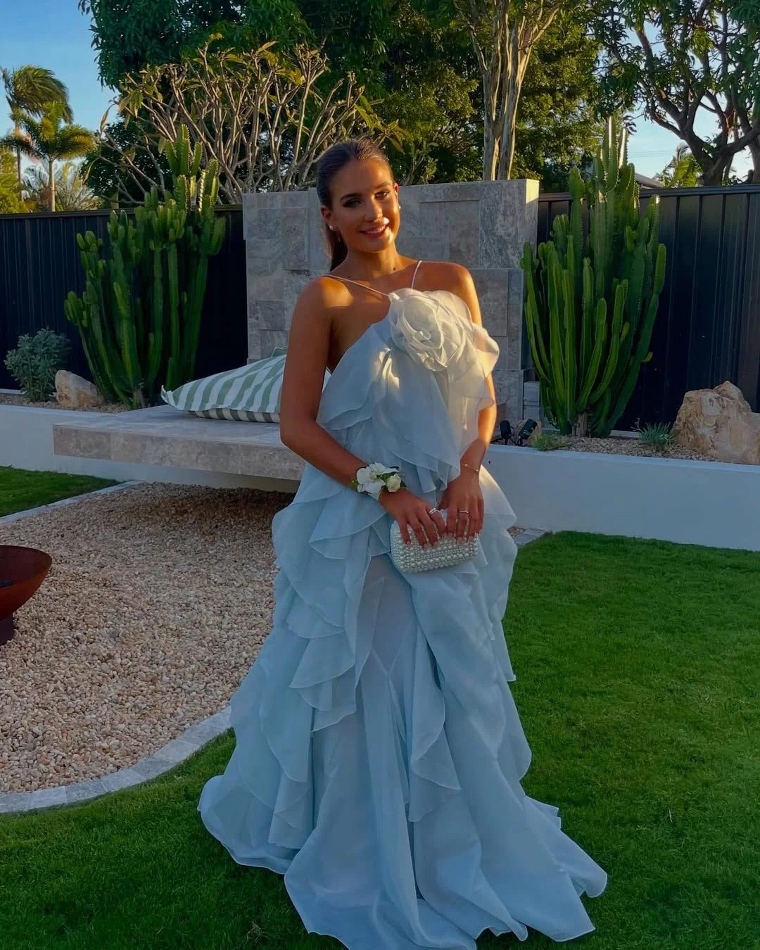 Ruffled Off-Shoulder Wedding Guest Maxi Dress for Women - Blue