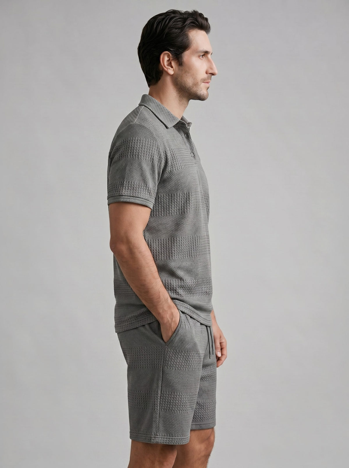 Textured Knit Polo Shirt and Shorts Set for Men - View 8