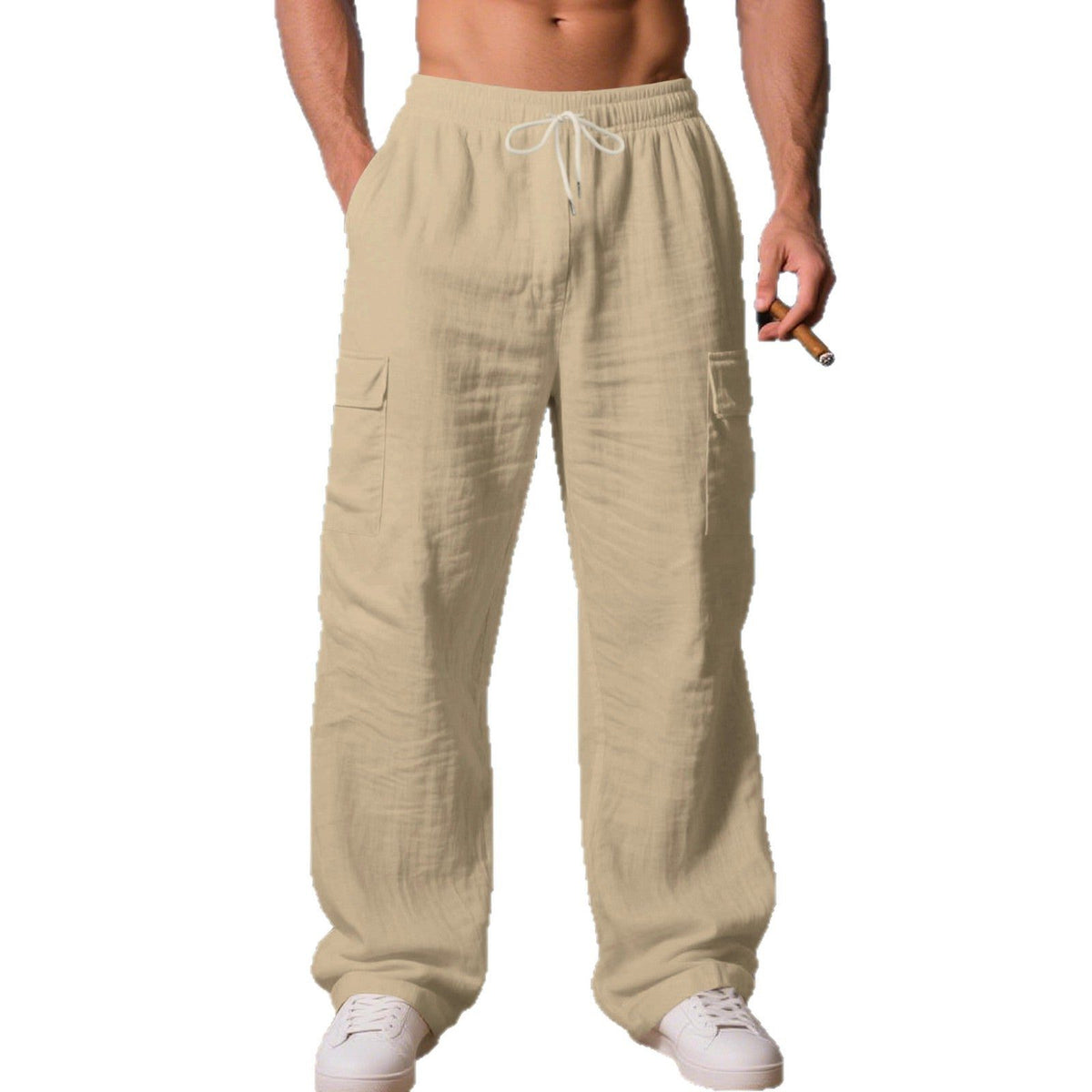 Linen Cargo Trousers with Drawstring Waist for Men - View 5
