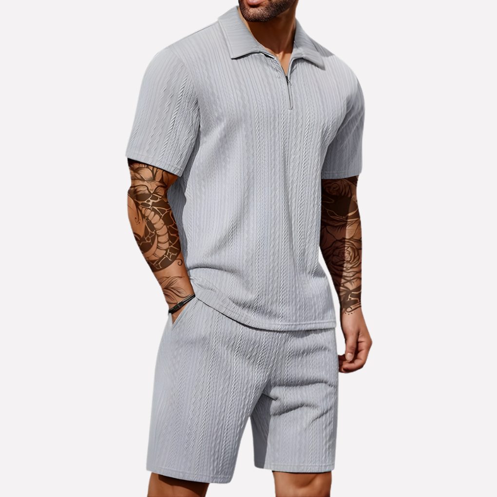 Ribbed Knit Polo Shirt and Shorts Set for Men - Light Grey