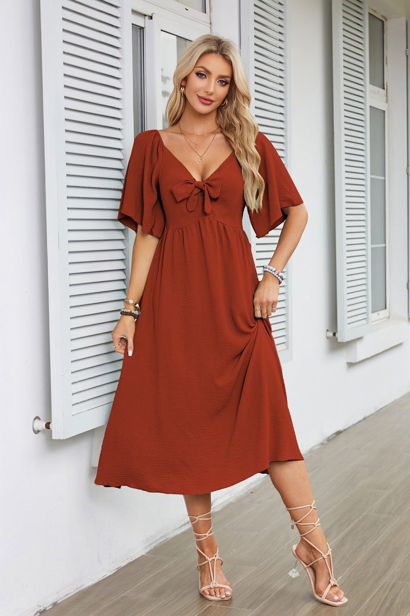 V-Neck Tie Front Wedding Guest Midi Dress for Women - Brick Red