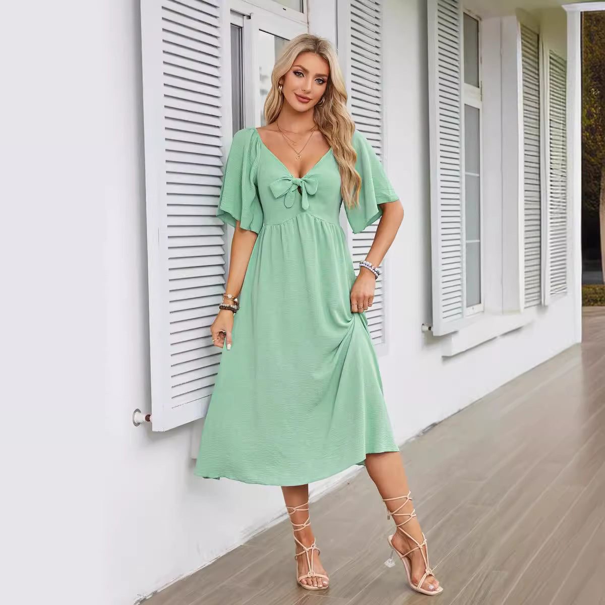 V-Neck Tie Front Wedding Guest Midi Dress for Women - View 5