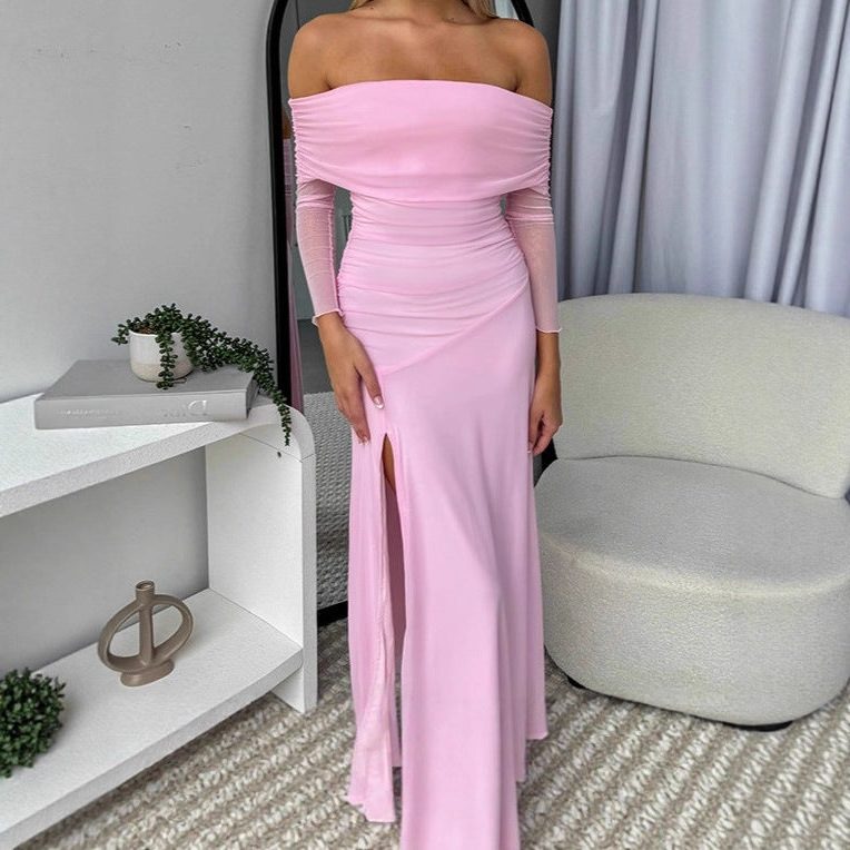 Off-Shoulder Wedding Guest Maxi Dress with Side Slit for Women - Pink