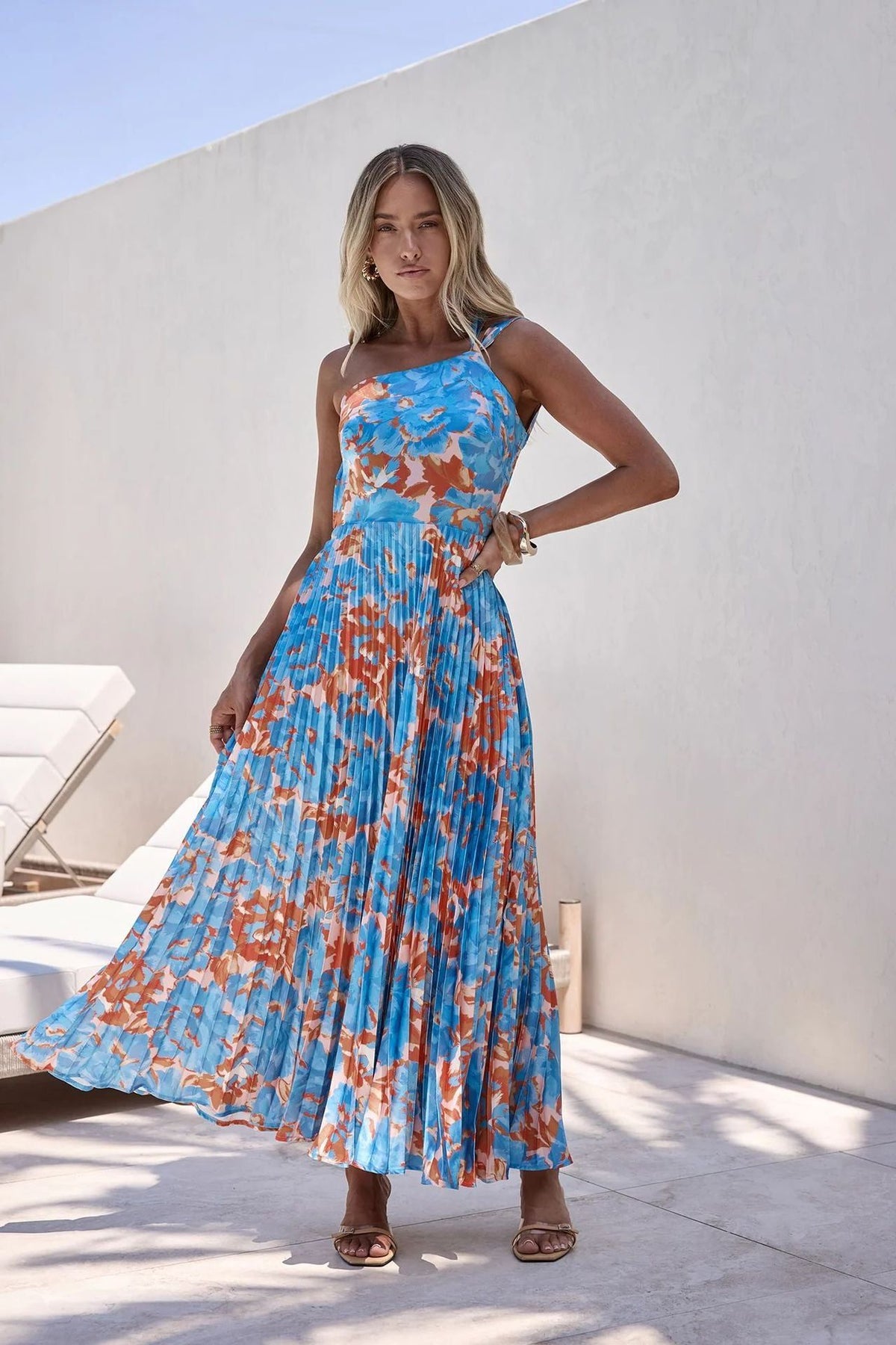 Halterneck Wedding Guest Pleated Floral Maxi Dress for Women - Blue