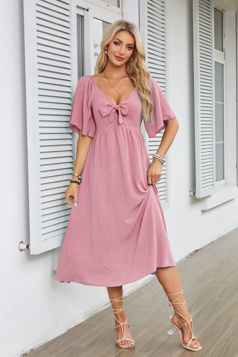 V-Neck Tie Front Wedding Guest Midi Dress for Women - Pink