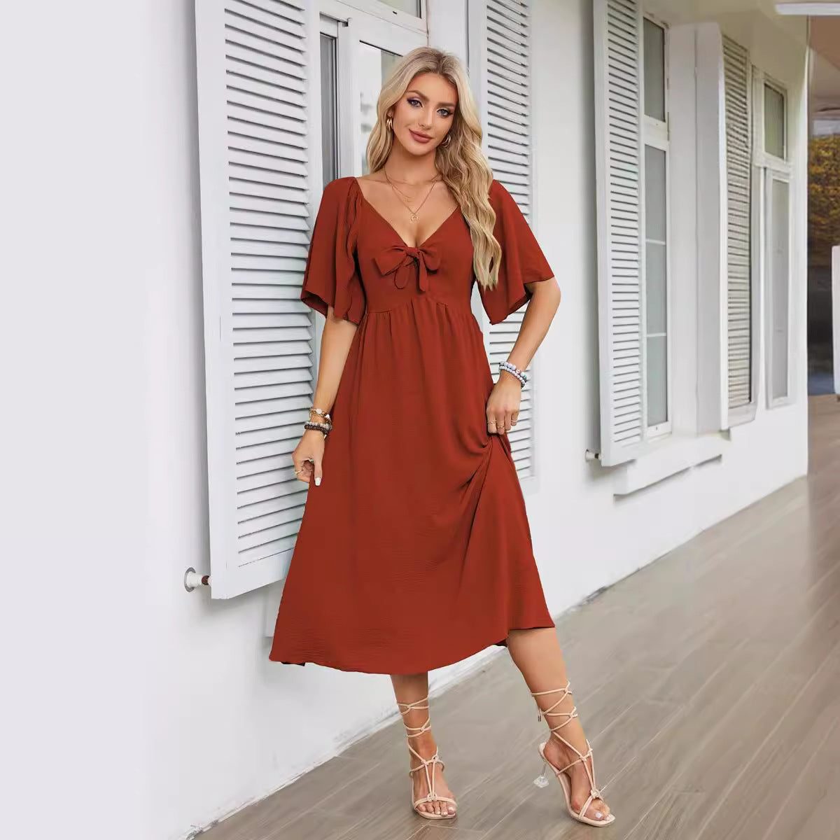 V-Neck Tie Front Wedding Guest Midi Dress for Women - View 6
