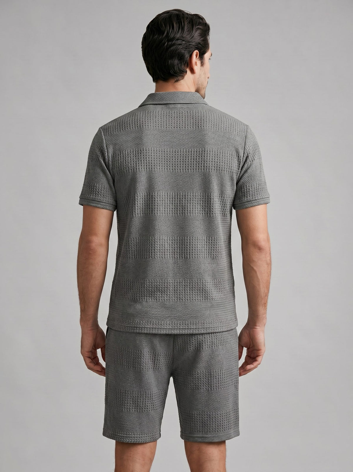 Textured Knit Polo Shirt and Shorts Set for Men - View 9