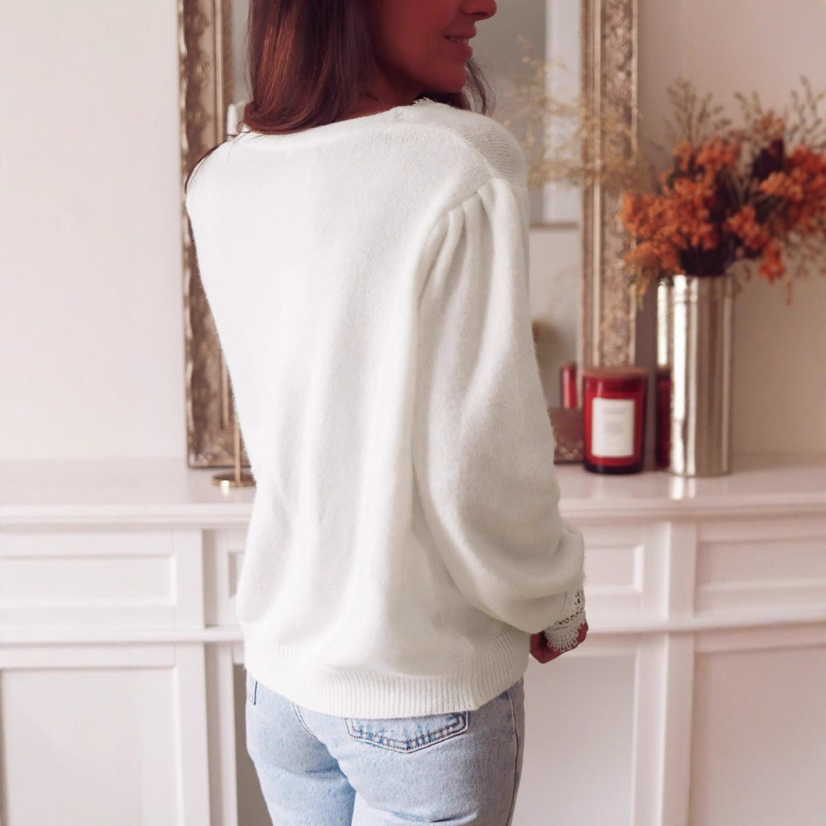 V-Neck Lace Trim Long Cardigan for Women - View 4
