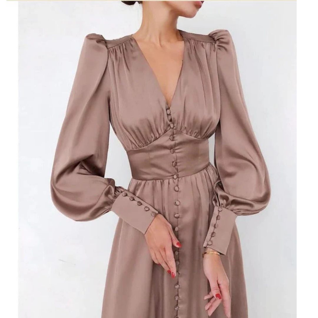 V-Neck Maxi Dress with Puff Sleeves for Women