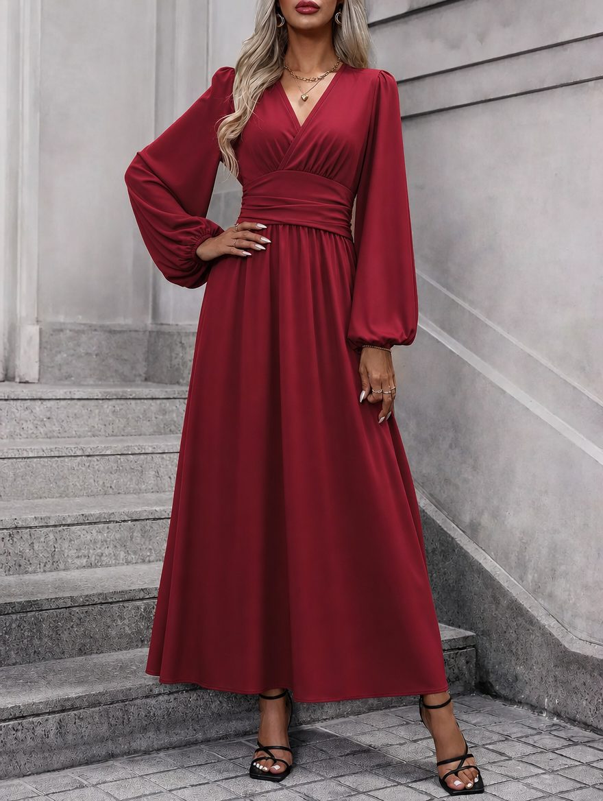 V-Neck Midi Dress with Slit Long Sleeve Autumn Wedding Guest for Women - Red