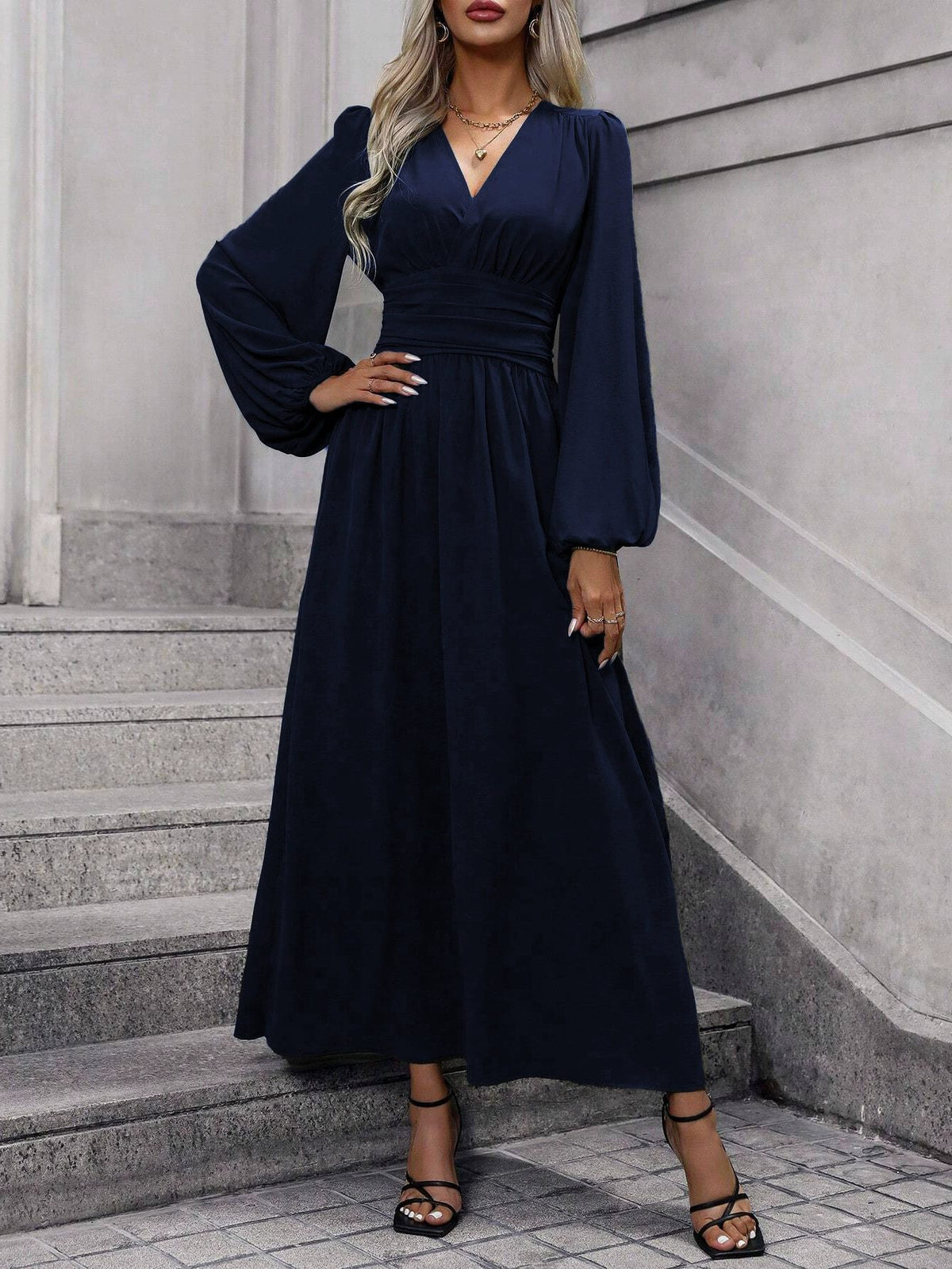 V-Neck Midi Dress with Slit Long Sleeve Autumn Wedding Guest for Women - Blue