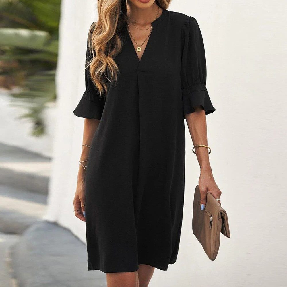 V-Neck Midi Shift Dress for Women