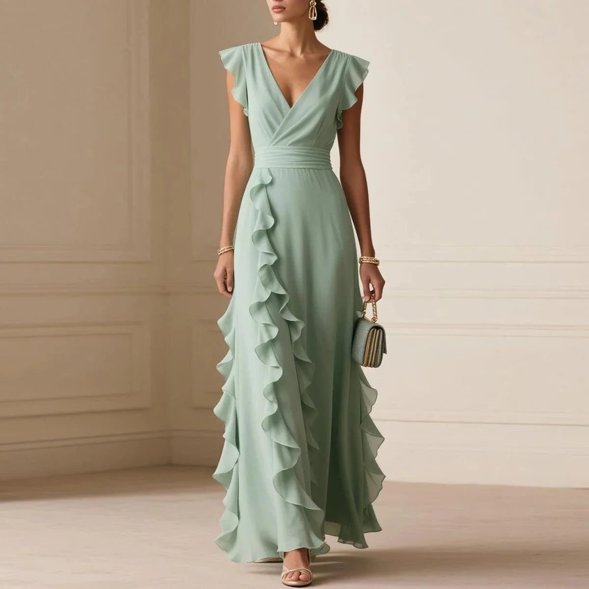 Wedding Guest Maxi Dress with V-Neck and Cascading Ruffle for Women