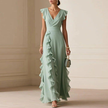 Wedding Guest Maxi Dress with V-Neck and Cascading Ruffle for Women