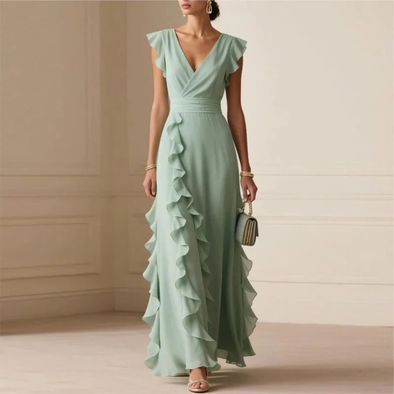 Wedding Guest Maxi Dress with V-Neck and Cascading Ruffle for Women