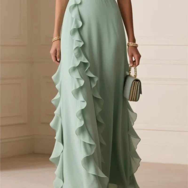 Wedding Guest Maxi Dress with V-Neck and Cascading Ruffle for Women
