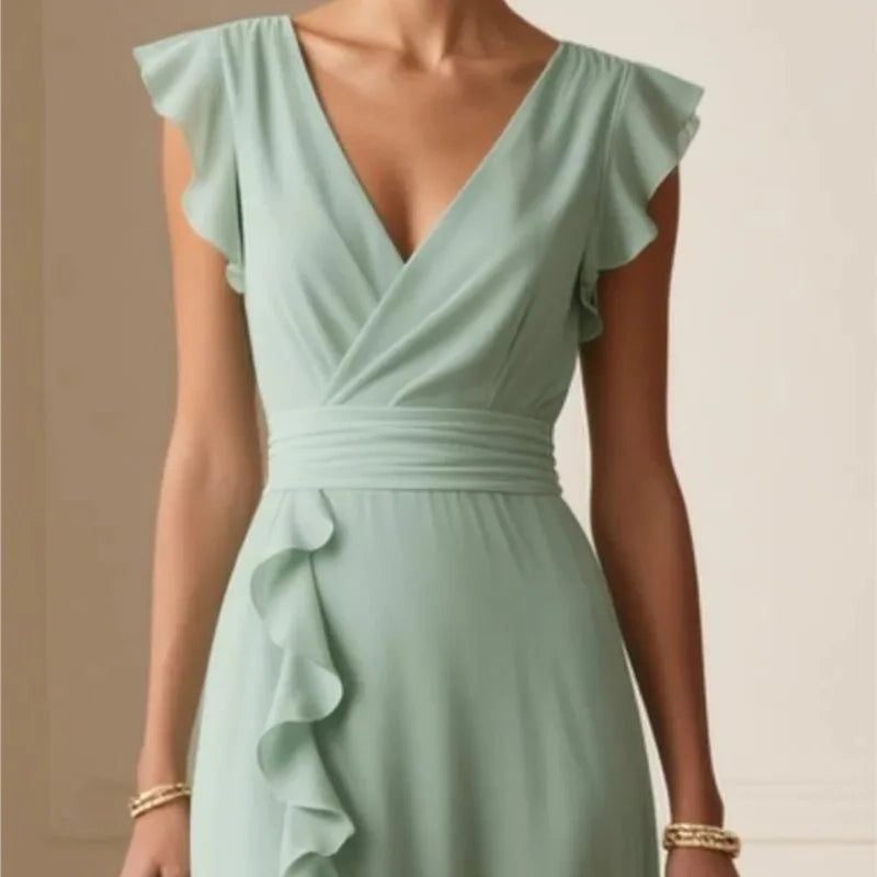 Wedding Guest Maxi Dress with V-Neck and Cascading Ruffle for Women