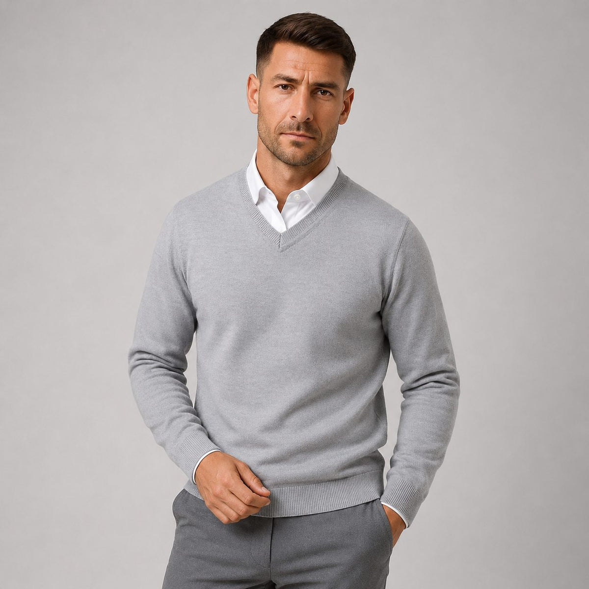 V-Neck Slim Fit Knit Jumper for Men - Gray