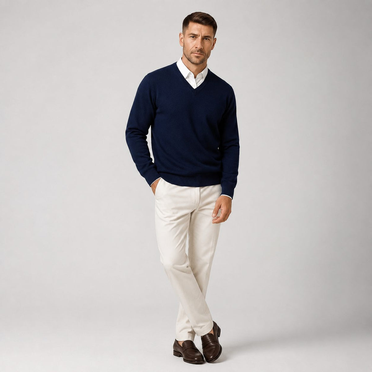 V-Neck Slim Fit Knit Jumper for Men - Navy Blue