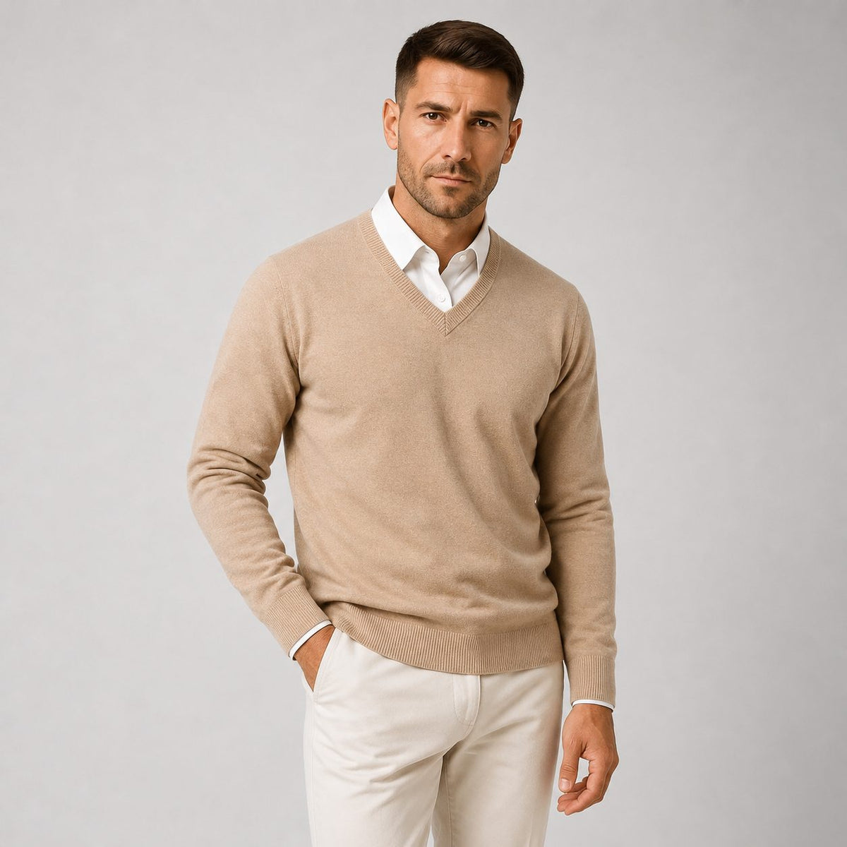 V-Neck Slim Fit Knit Jumper for Men - Camel